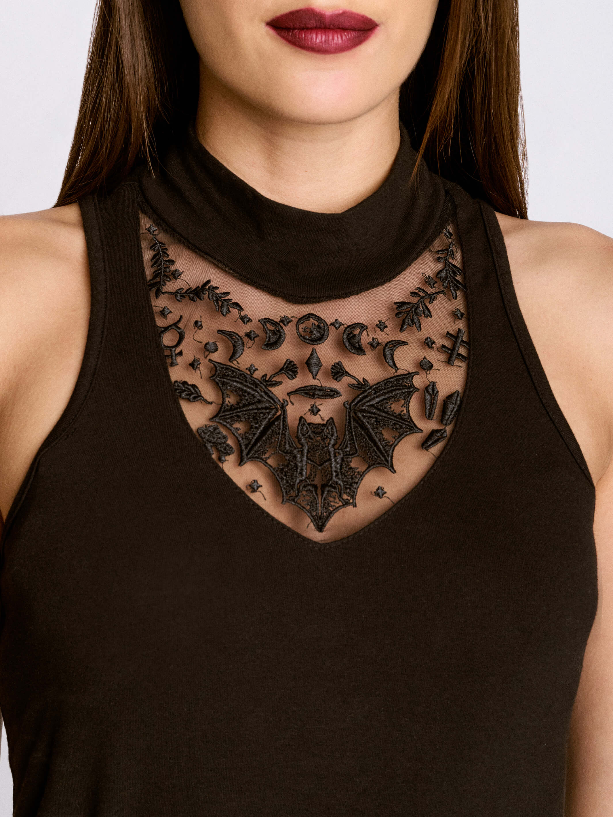 BAT EMBROIDERED MOCK NECK TANK