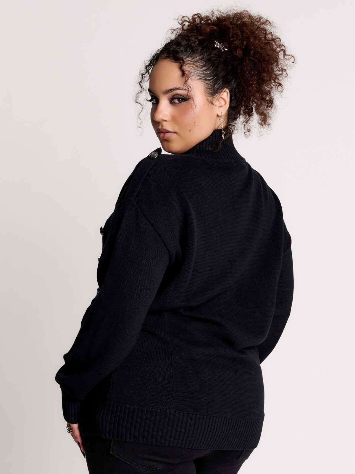 black zip-up knitted cardigan with ilver tones buttons and pockets