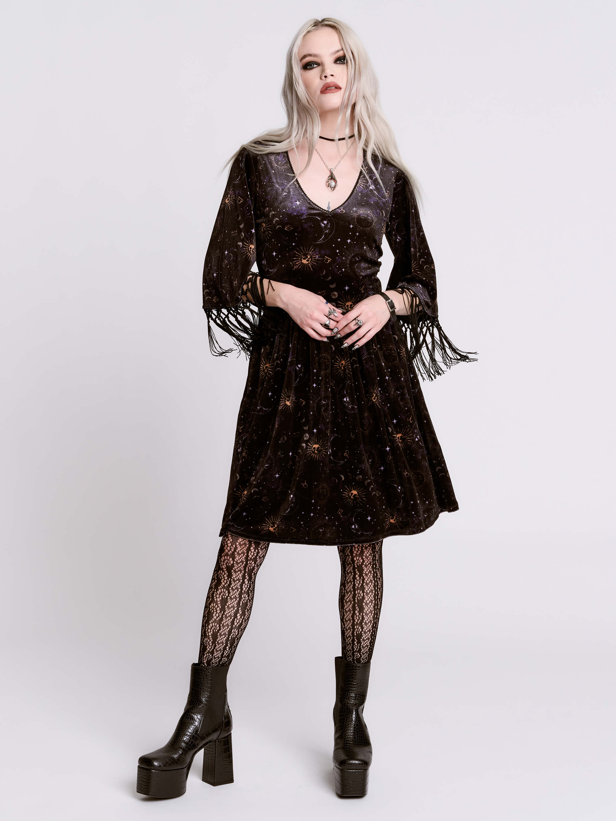 CELESTIAL VELVET FRINGE DRESS