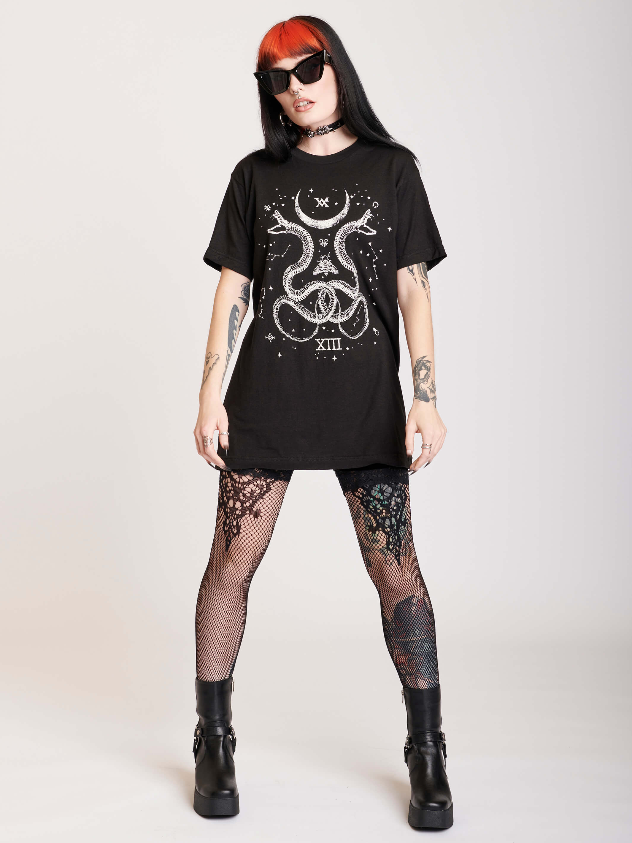 Unisex basic tee with a cosmic snake custom print.