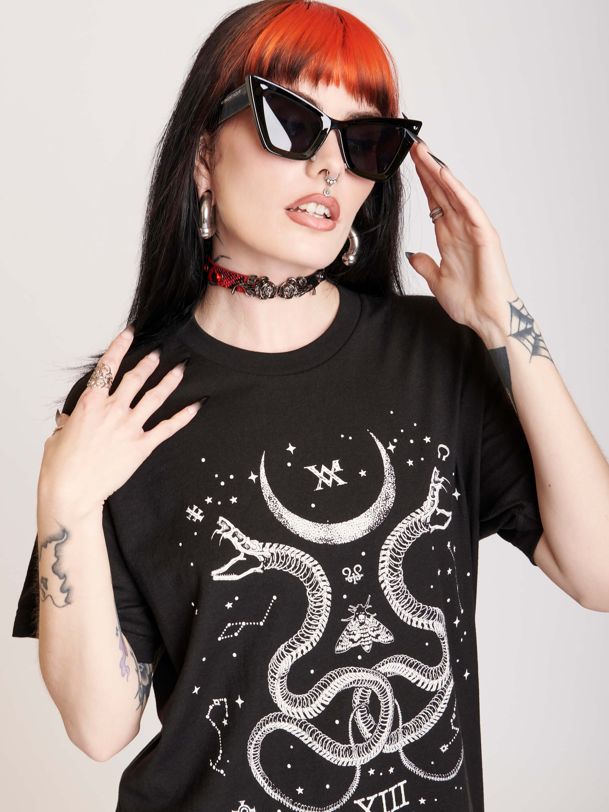 Unisex basic tee with a cosmic snake custom print.