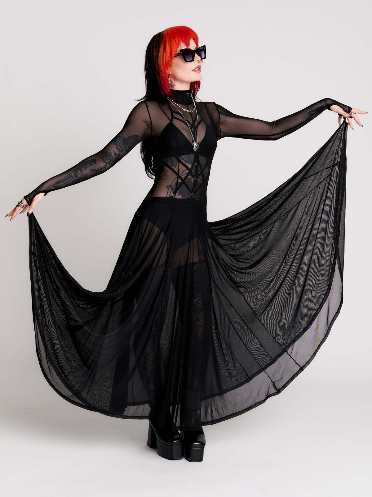 black sheer long-sleeve maxi dress