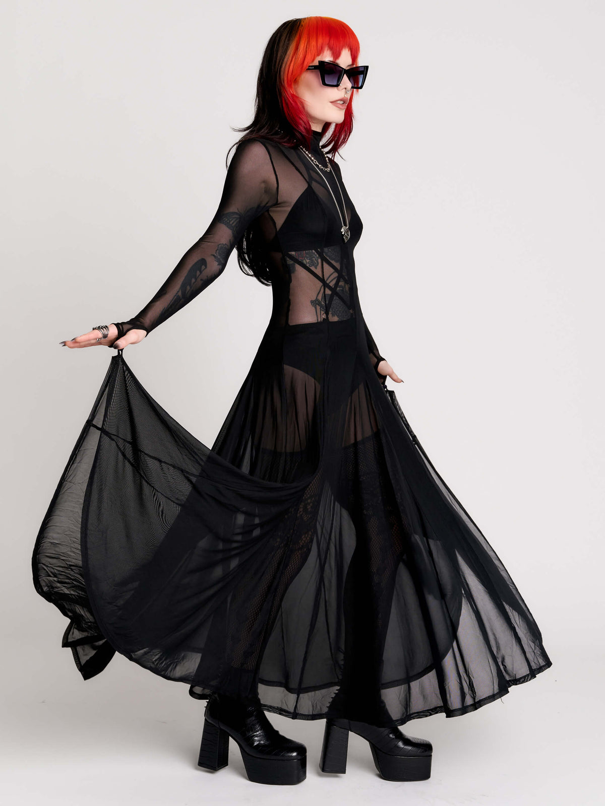 black sheer long-sleeve maxi dress