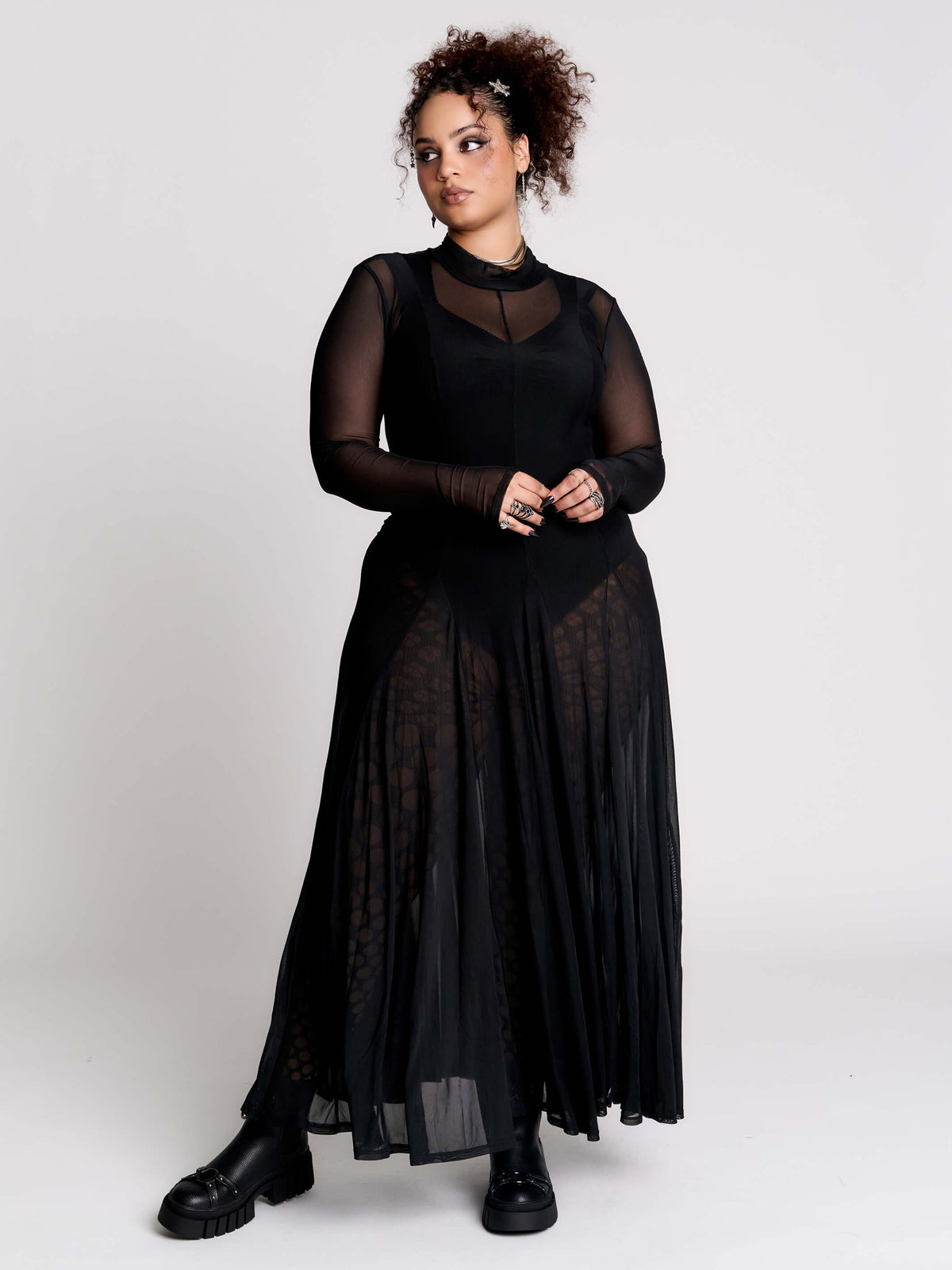 black sheer long-sleeve maxi dress