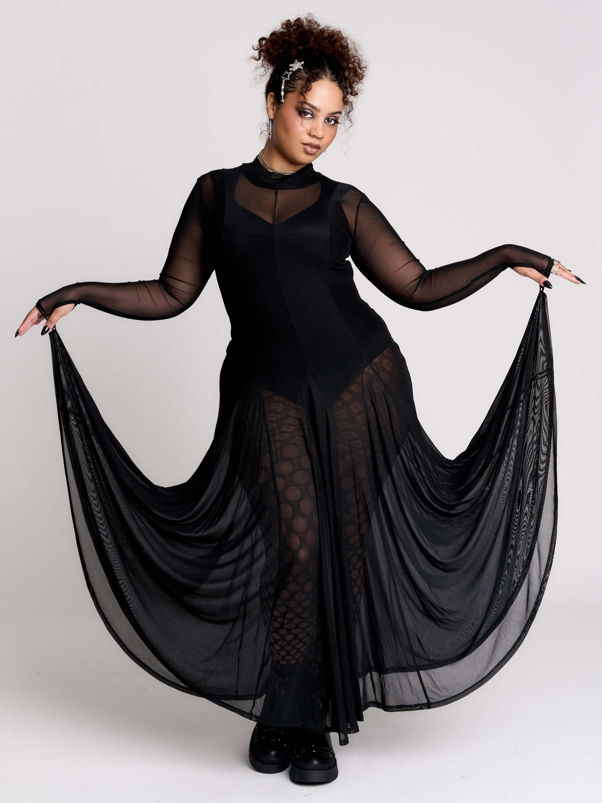 black sheer long-sleeve maxi dress