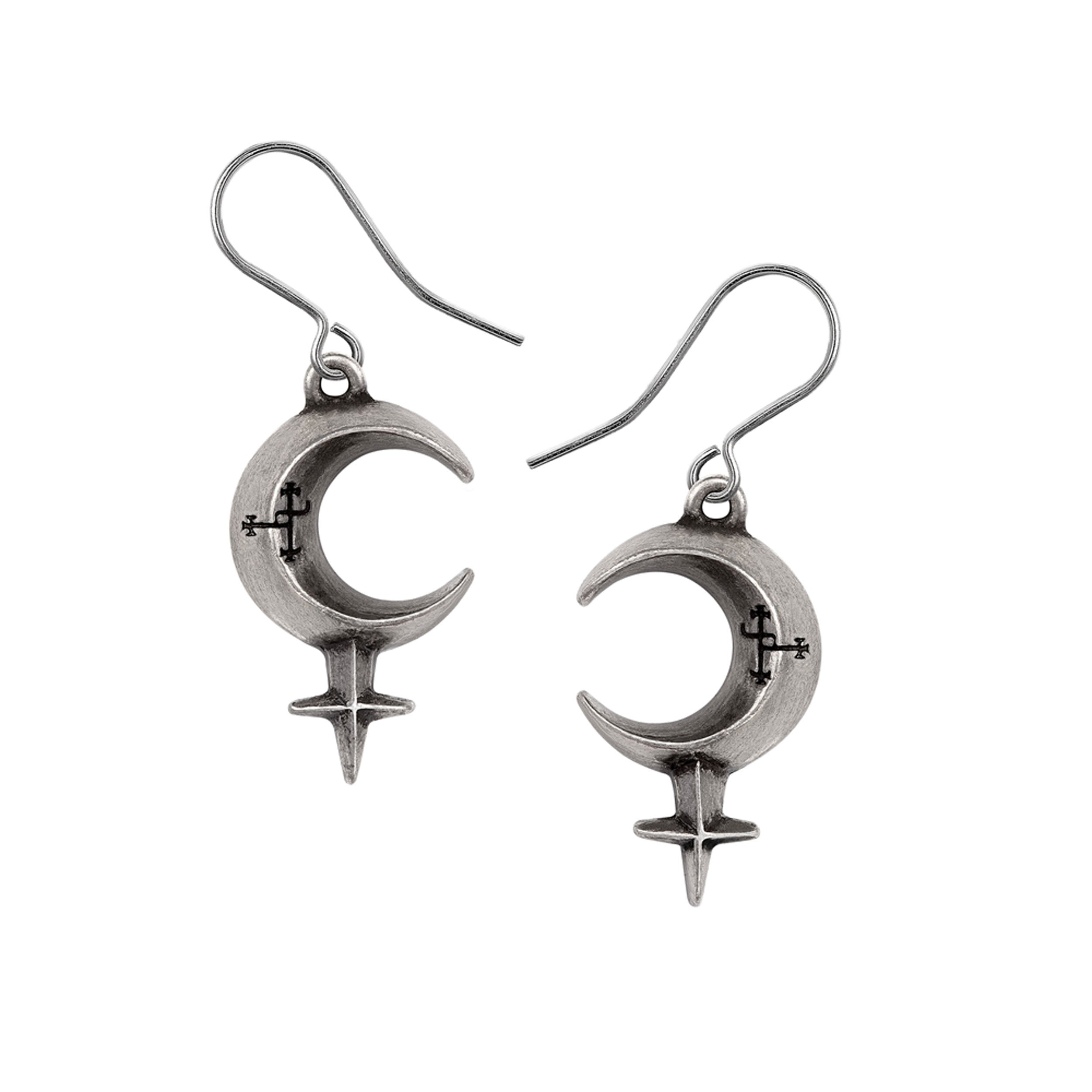 Silver moon and star earrings on a white background
