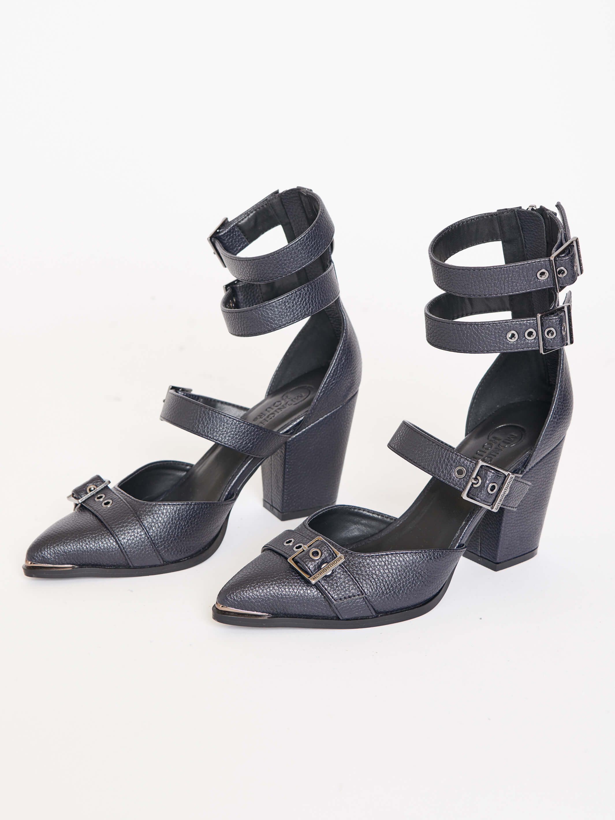 pointed toe block heels with buckle details and back zipper