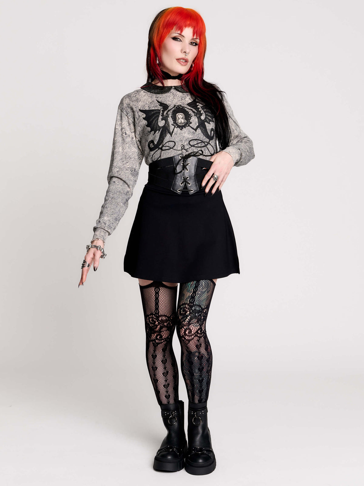 gray marled long-sleeve shirt with a black dragon graphic and a printed Peter Pan collar