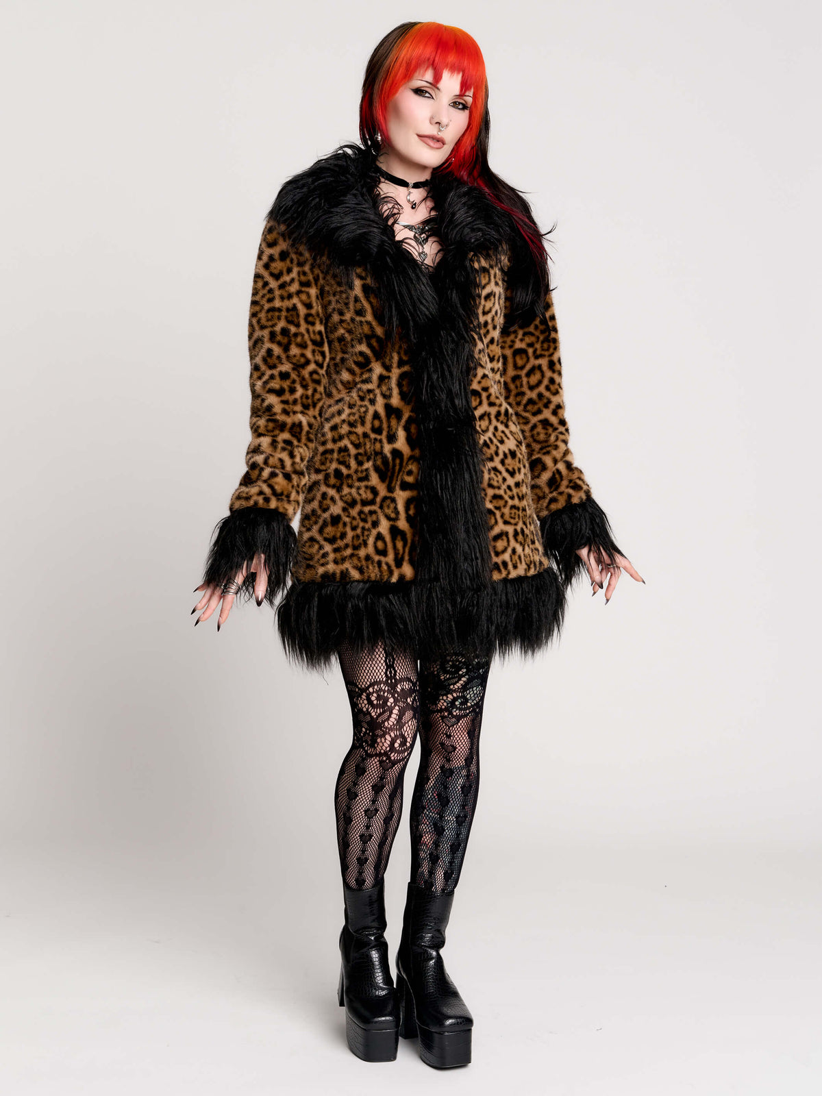 leopard print coat with black faux fur trim