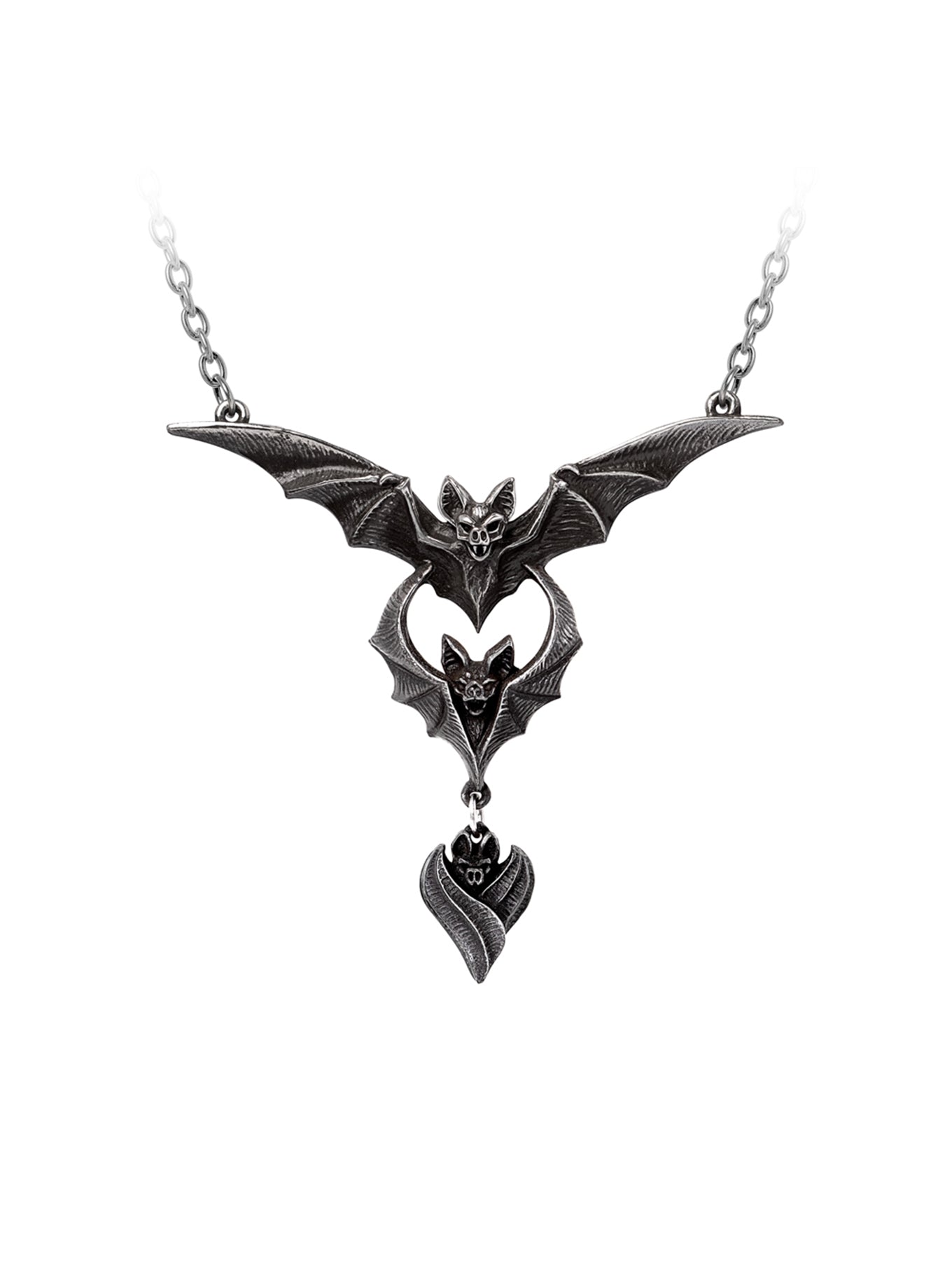 A gothic-style bat pendant necklace with a matching chain, featuring a bat motif with wings spread and a dangling heart-shaped charm, shown on a plain white background.