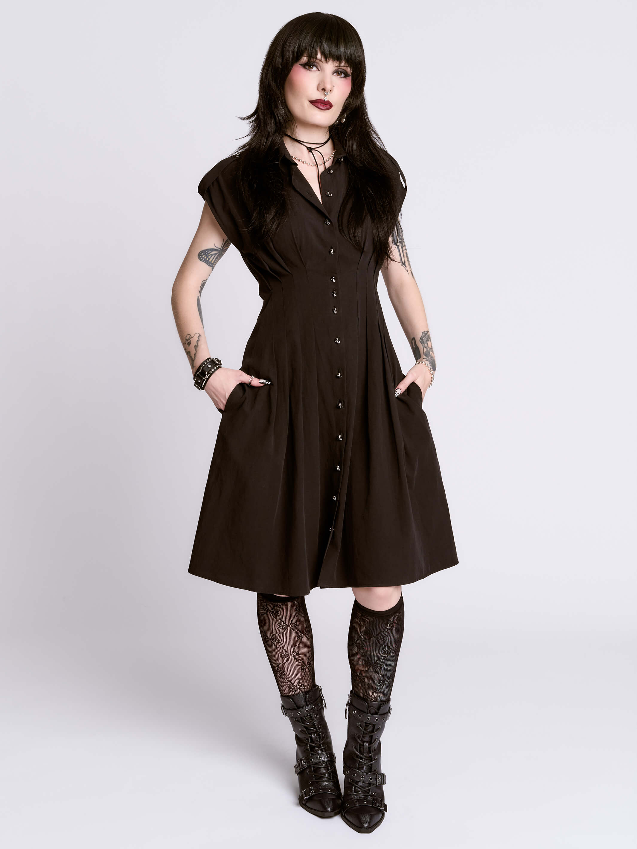 STUDDED SKULL BUTTON DRESS