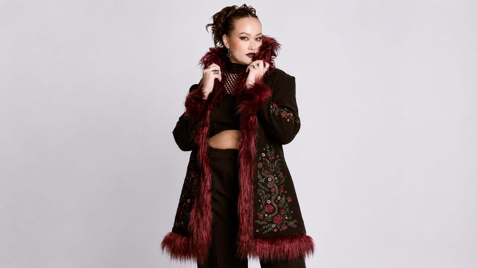 Oxblood Botancal Fur Trim Coat by Midnight Hour