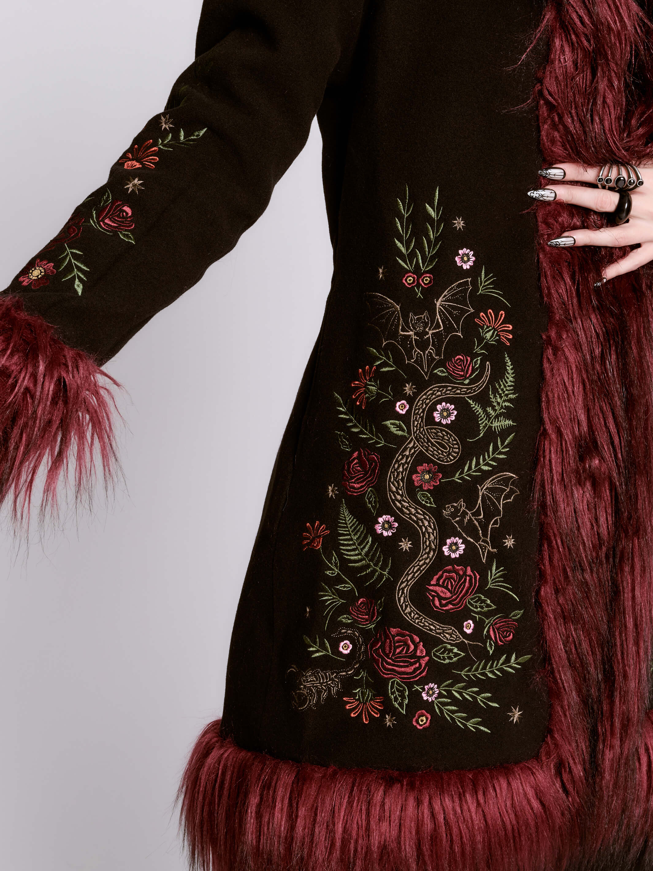 RED TRIM FUR COAT