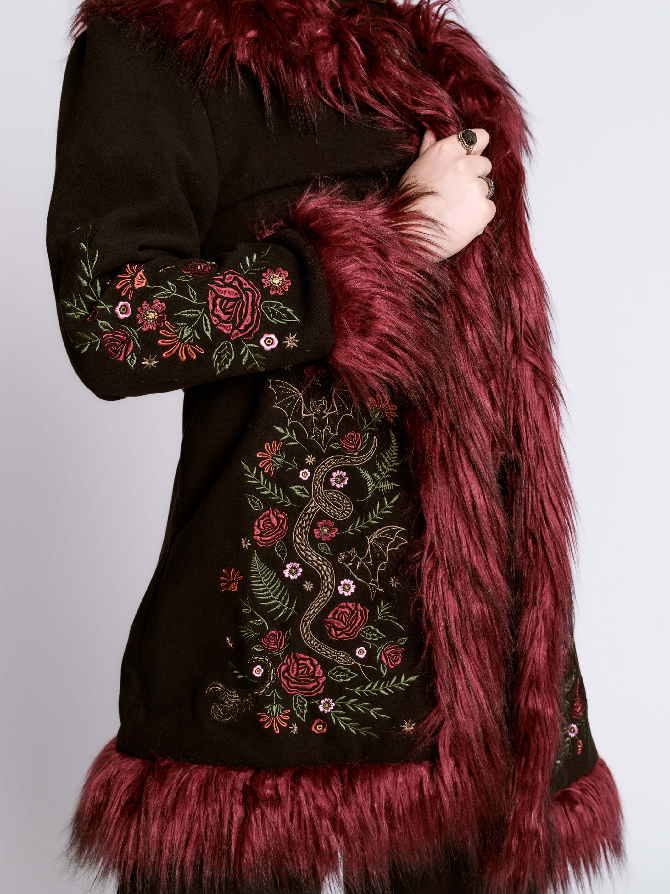 RED TRIM FUR COAT