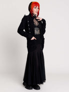  black zip-up knitted cardigan with ilver tones buttons and pockets