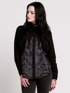 black long-sleeve button-up shirt featuring a large gray gothic cathedral architectural print on the front