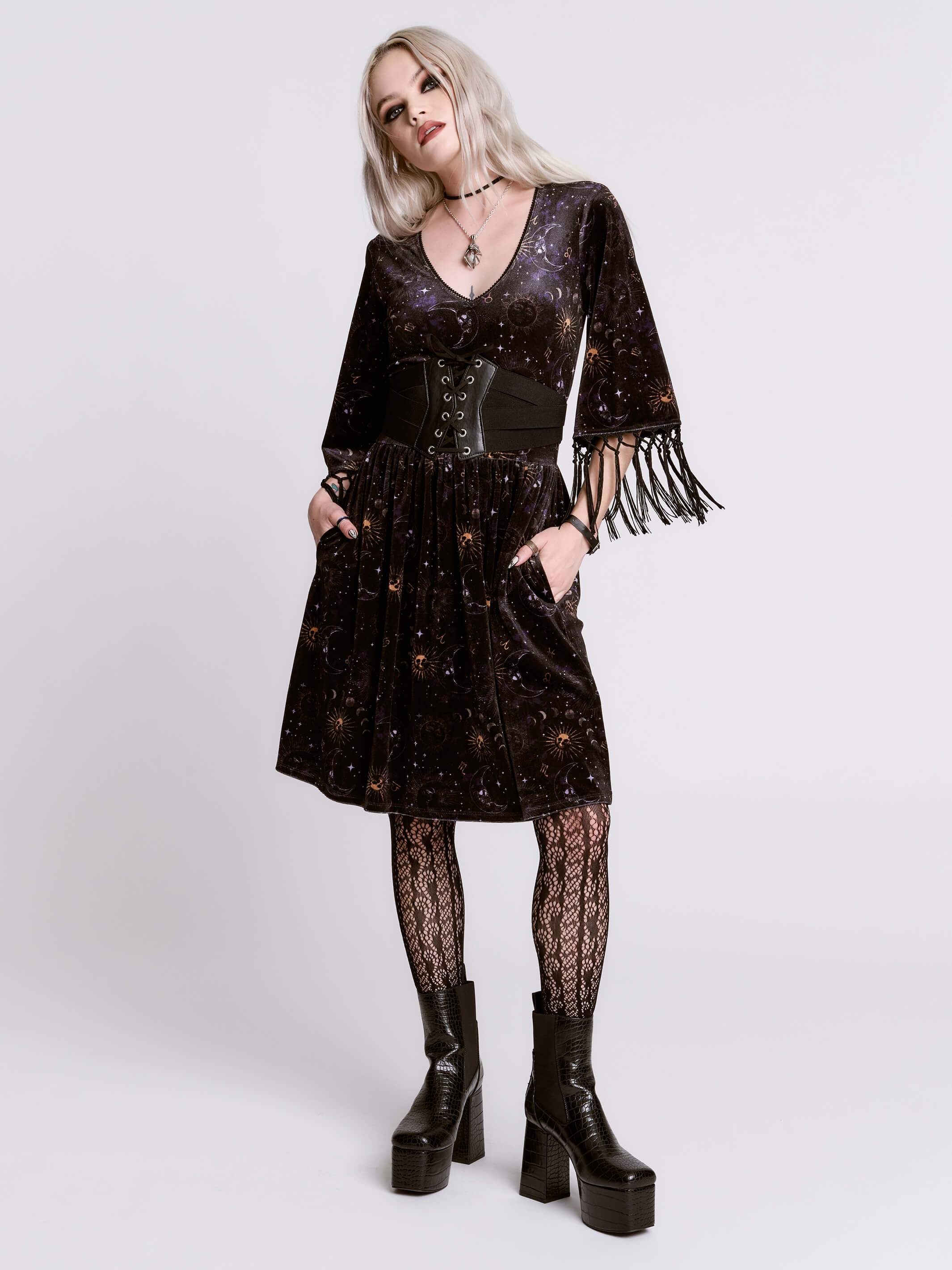 CELESTIAL VELVET FRINGE DRESS