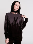  cemetery silhouette and a winged angel statue—spans the chest and sleeves, with a moody light charcoal ombré fade into deep black. 