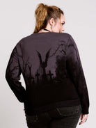  cemetery silhouette and a winged angel statue—spans the chest and sleeves, with a moody light charcoal ombré fade into deep black. 