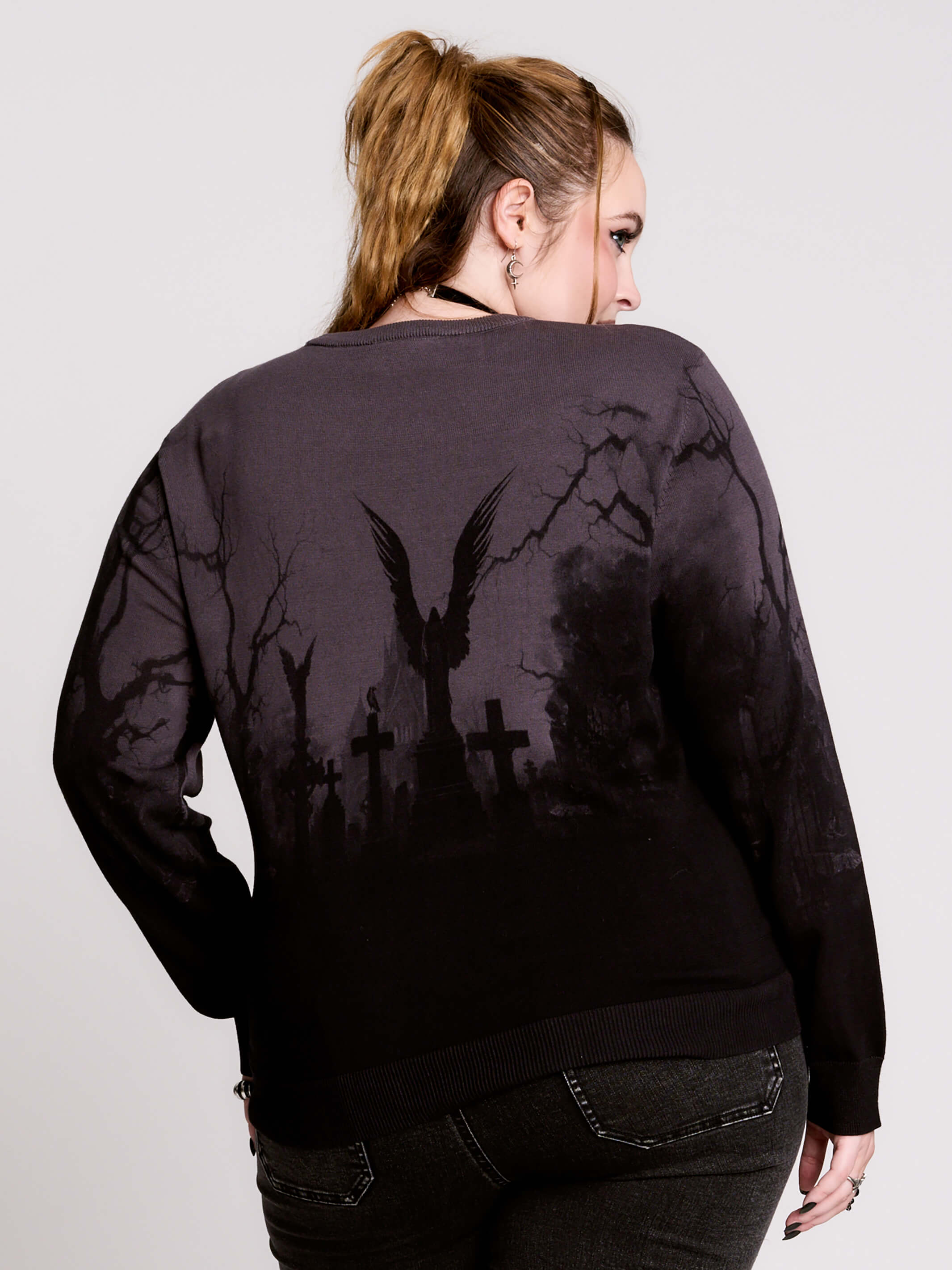  cemetery silhouette and a winged angel statue—spans the chest and sleeves, with a moody light charcoal ombré fade into deep black. 