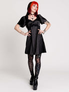 black satin short-sleeve dress with lace trim