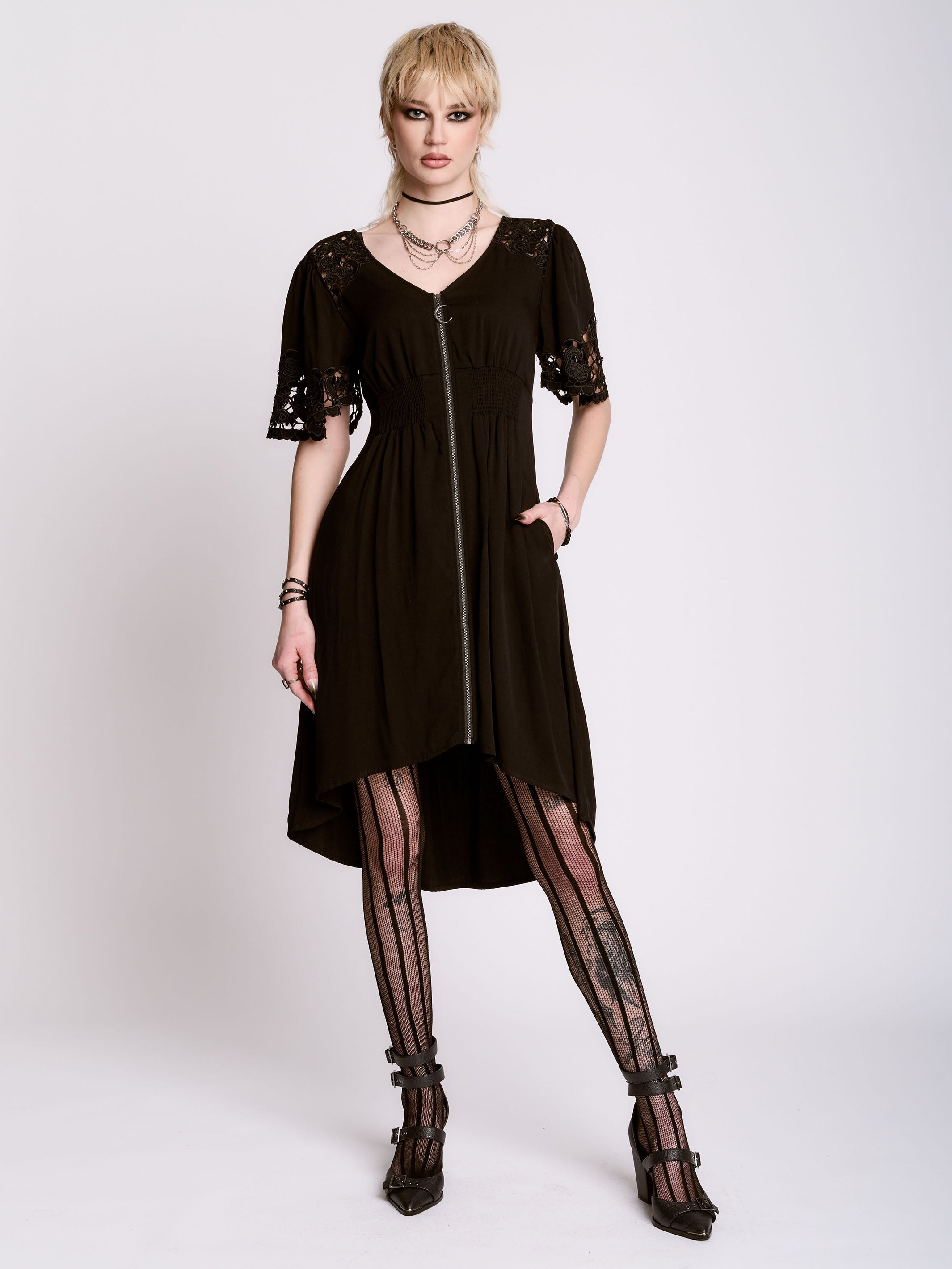 Cut Work Embroidered Zipper Dress