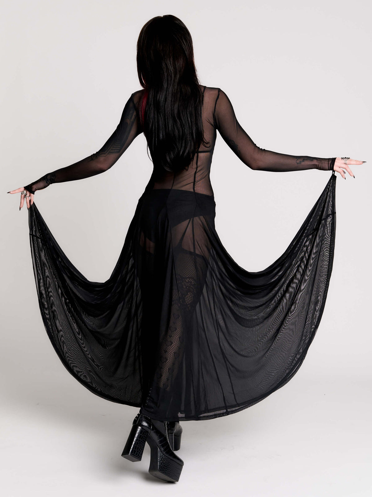 black sheer long-sleeve maxi dress