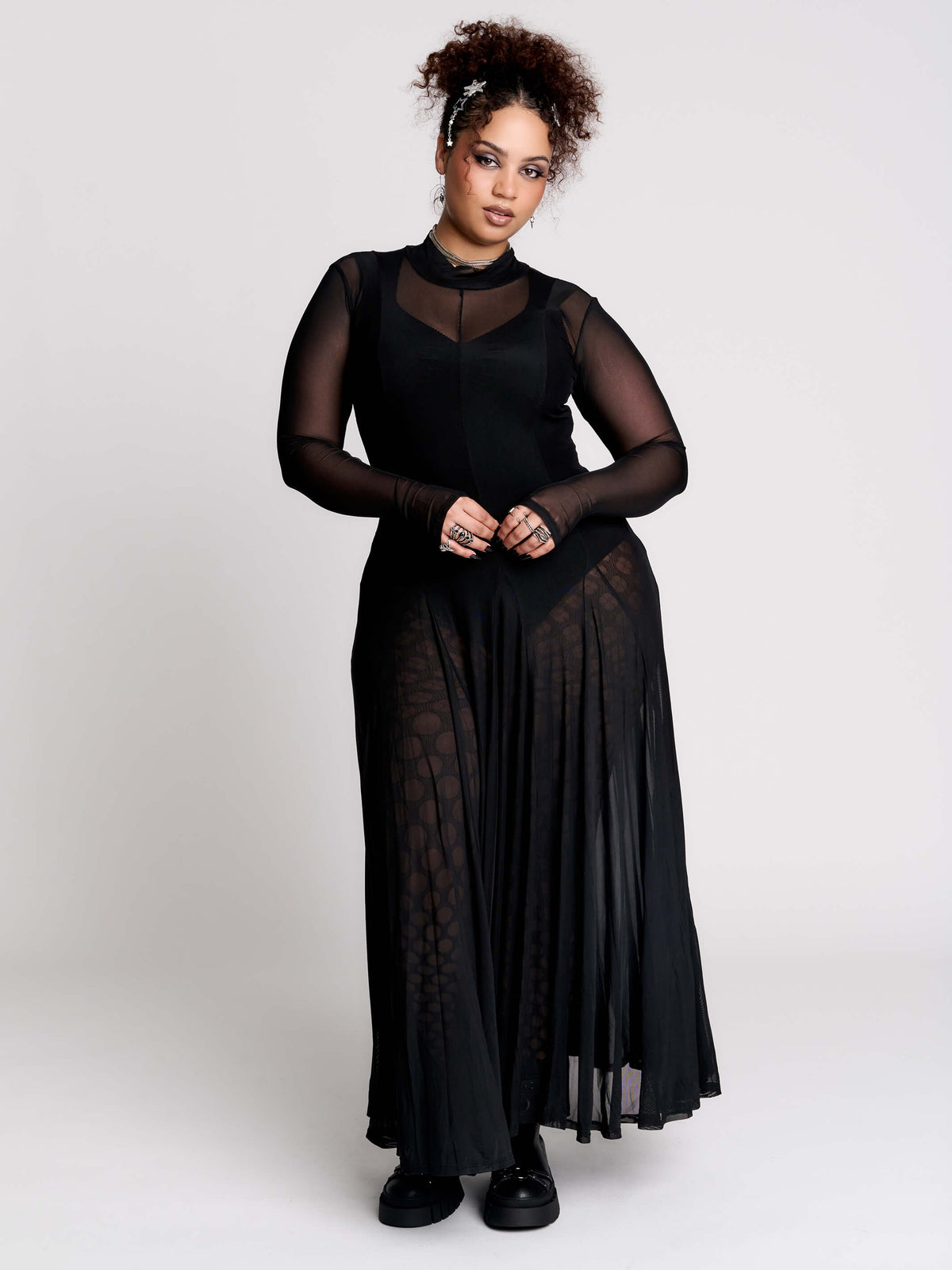black sheer long-sleeve maxi dress