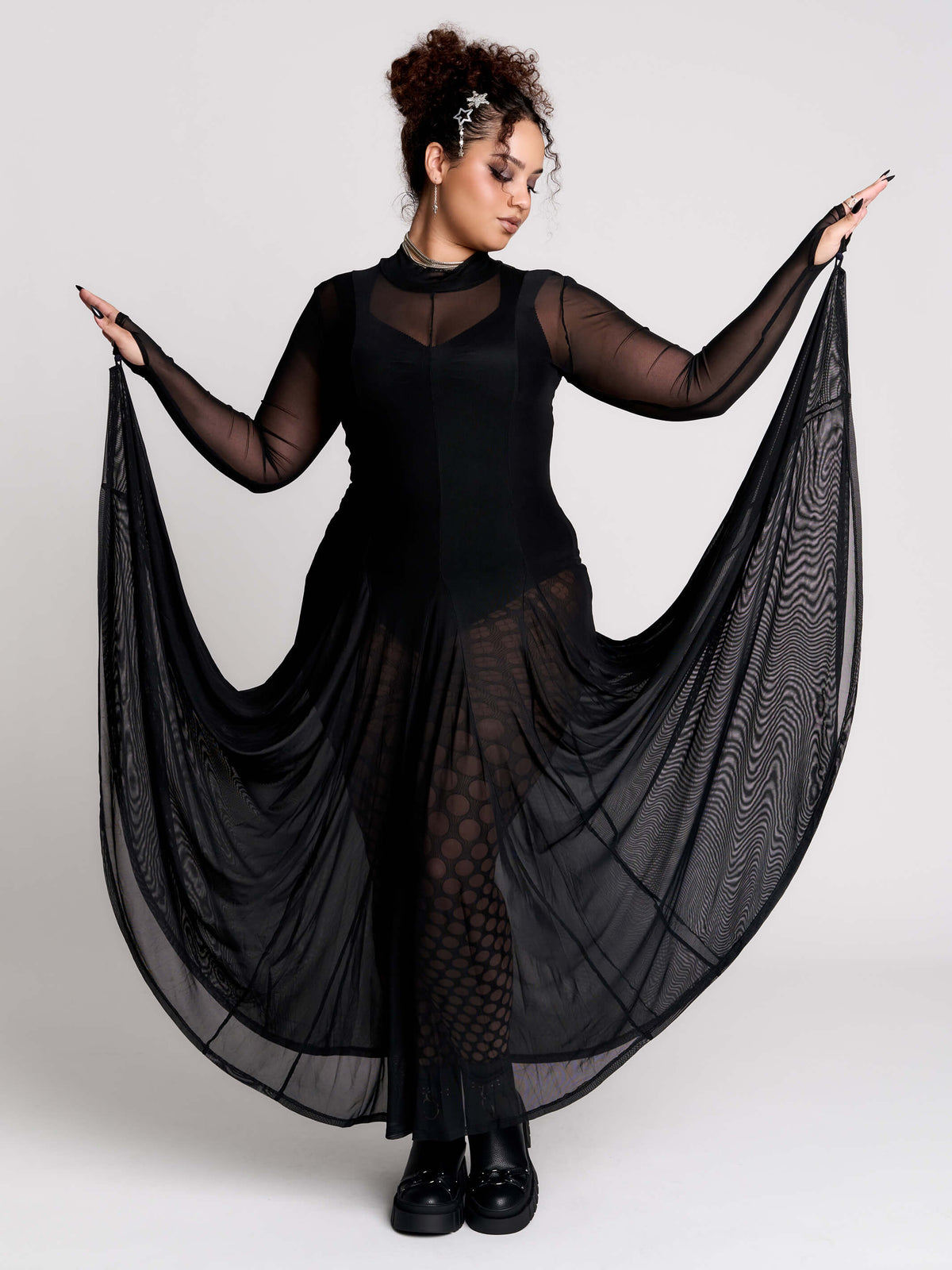 black sheer long-sleeve maxi dress