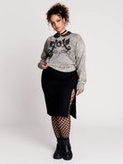 gray marled long-sleeve shirt with a black dragon graphic and a printed Peter Pan collar