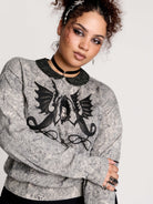 gray marled long-sleeve shirt with a black dragon graphic and a printed Peter Pan collar