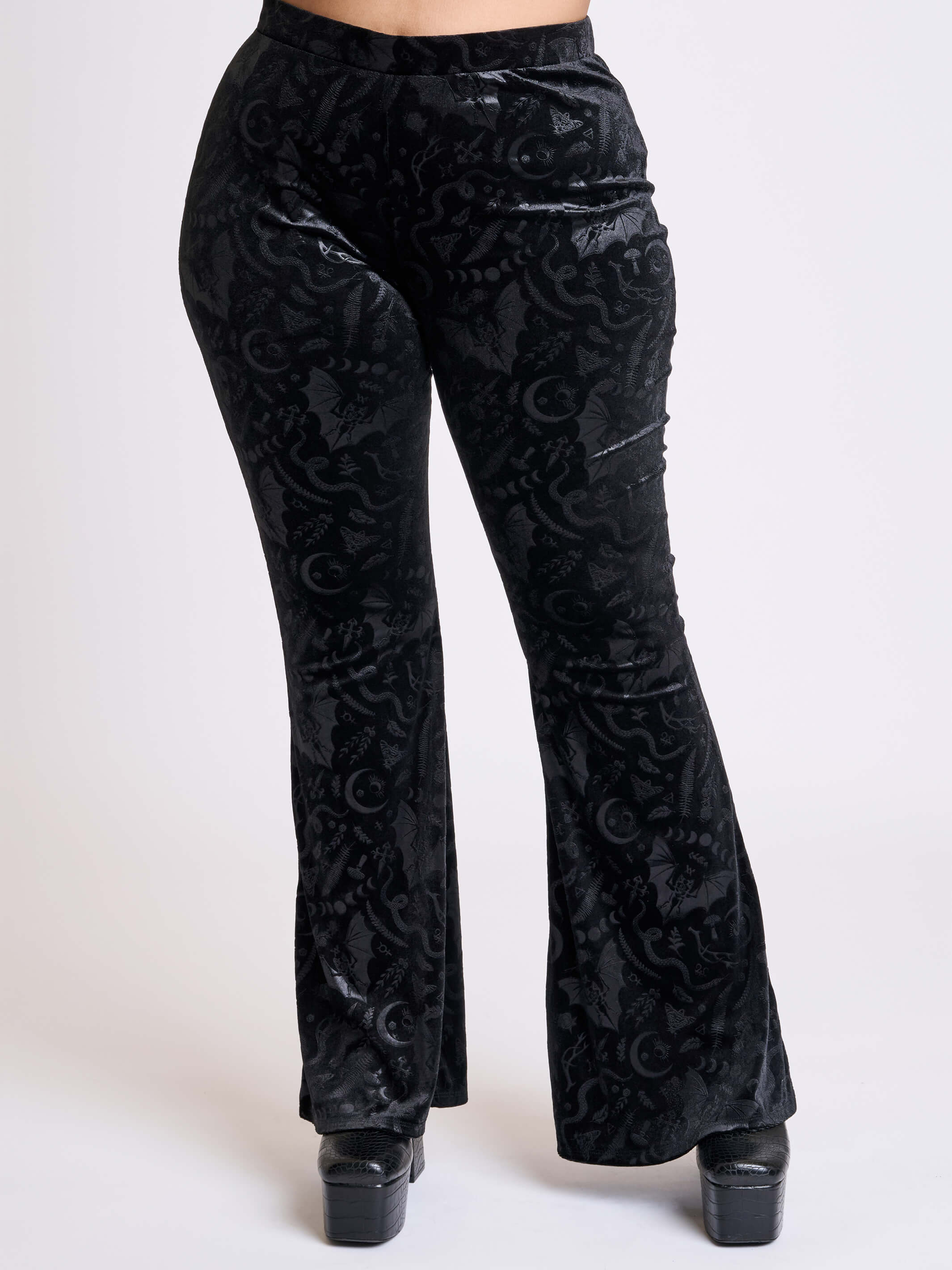 Embossed Black Velvet Flared Legging