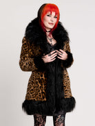 leopard print coat with black faux fur trim