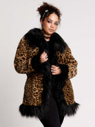 leopard print coat with black faux fur trim