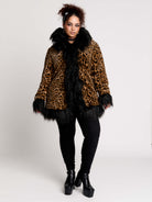 leopard print coat with black faux fur trim