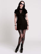 A black short-sleeve mock neck top with a fishnet mesh chest panel.