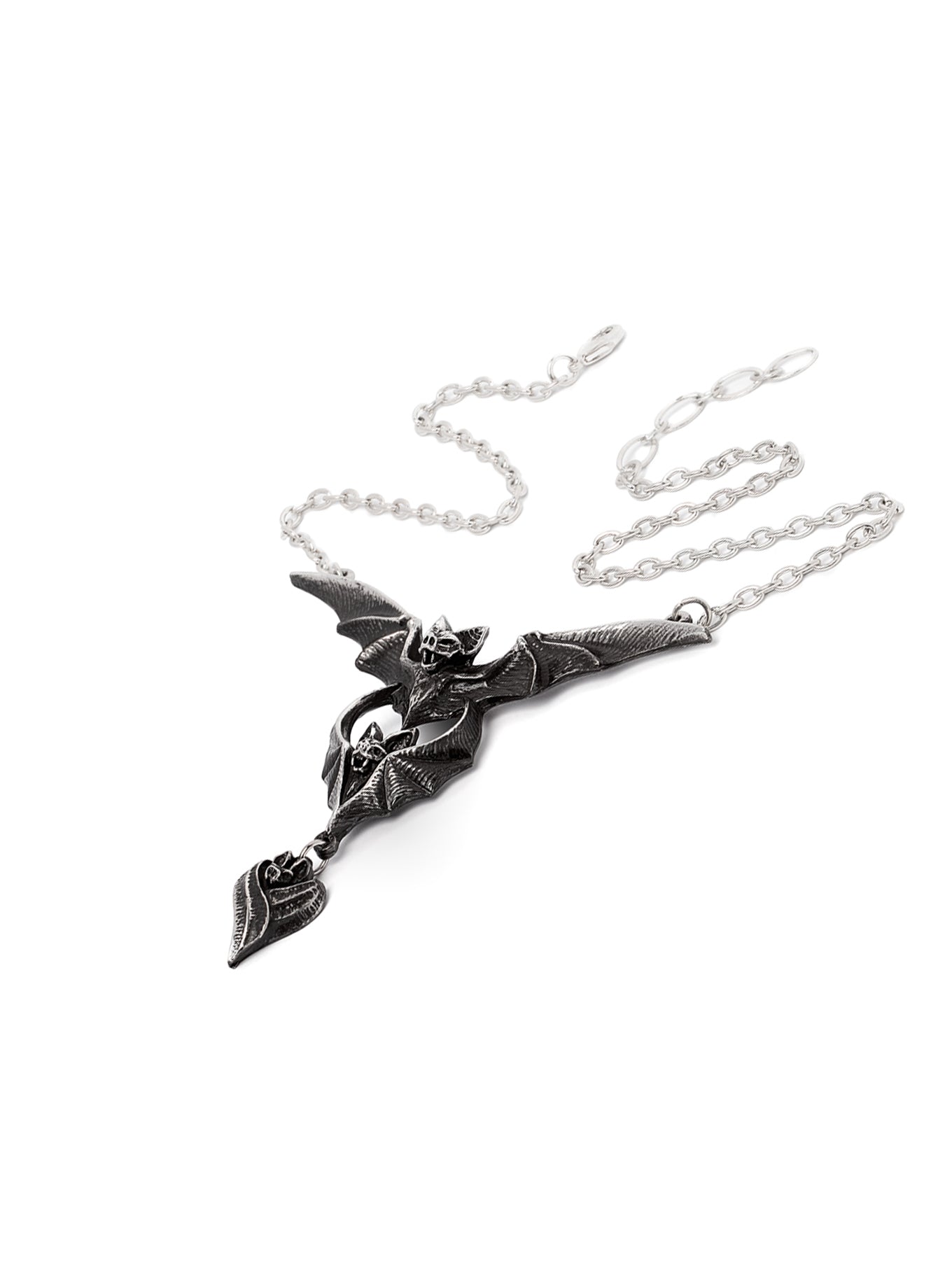 A gothic-style bat pendant necklace with a matching chain, featuring a bat motif with wings spread and a dangling heart-shaped charm, shown on a plain white background.