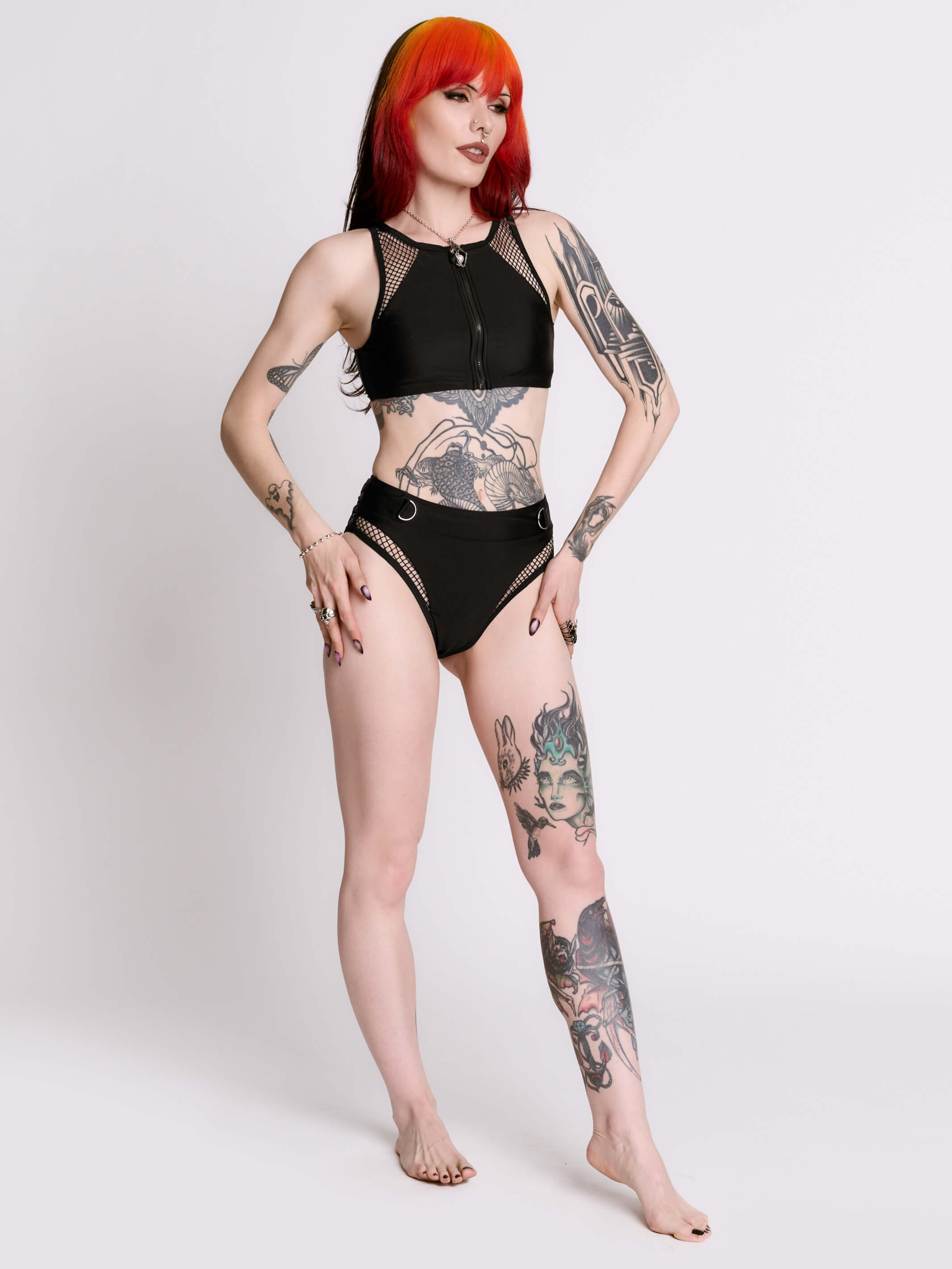 Zip Up Fishnet Swim Top