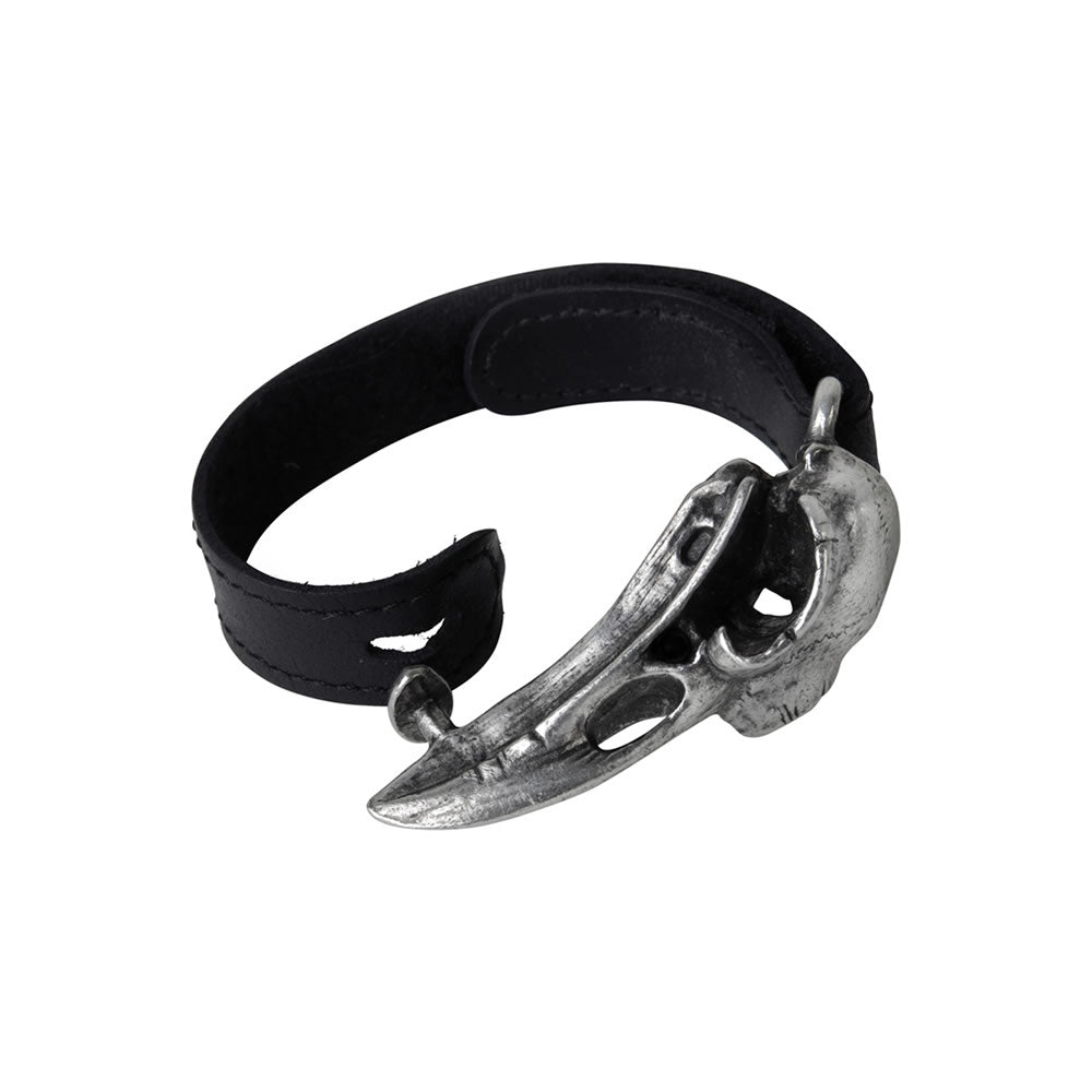 Black leather Wrist Strap  with a metal Raven Skull clasp