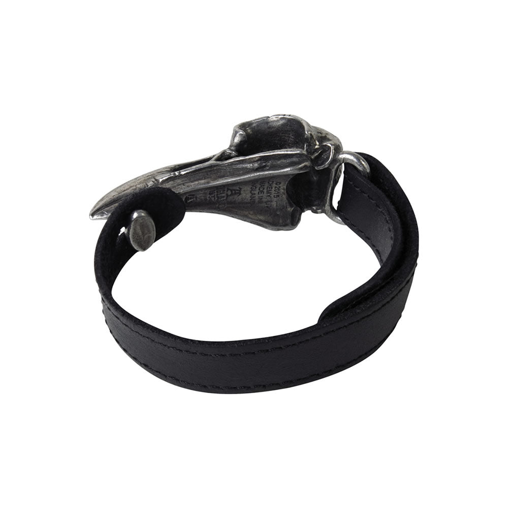 Black leather Wrist Strap  with a metal Raven Skull clasp
