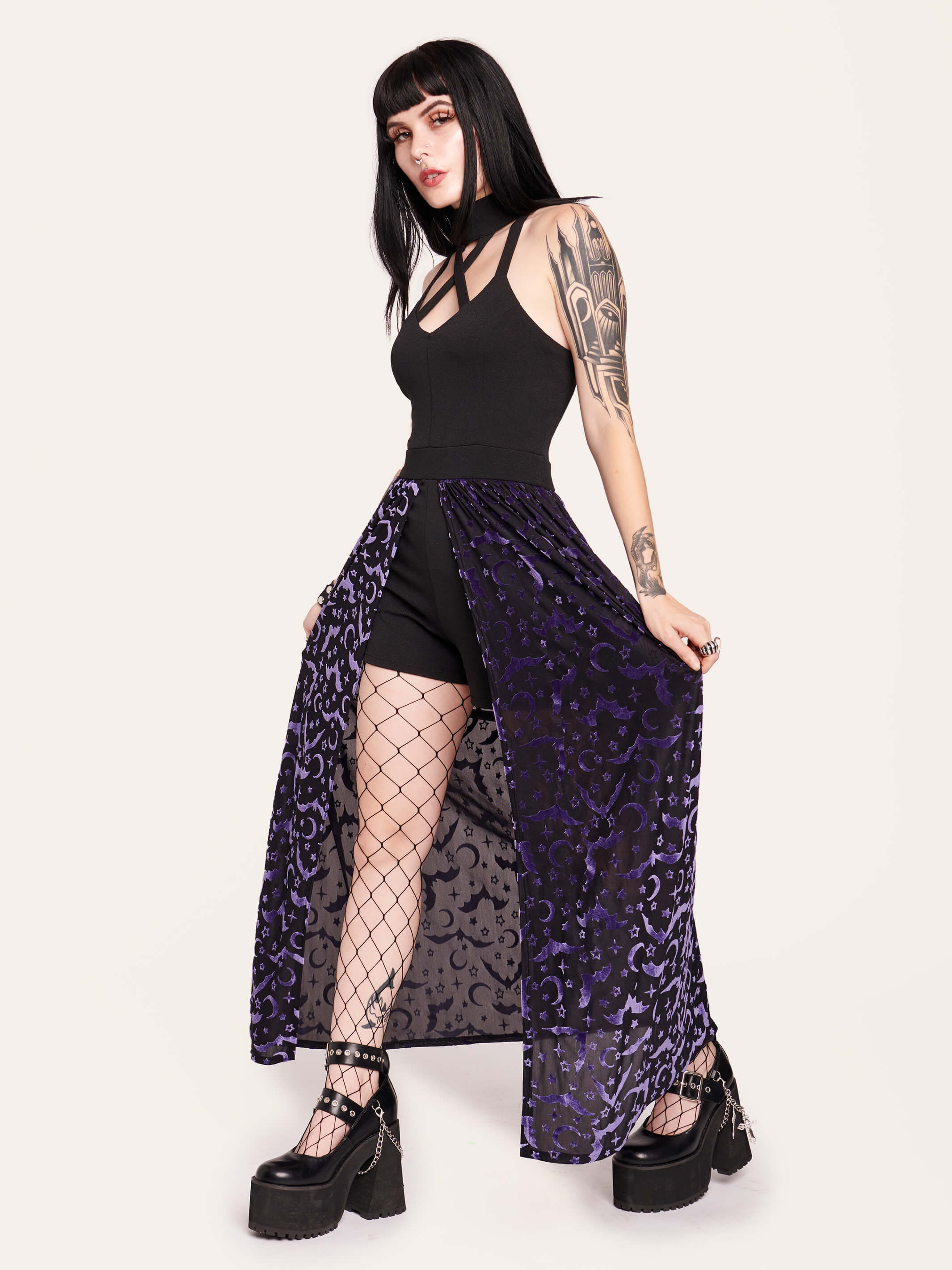 Boho goth vibes! Enchant them all in this velvet burnout onesie dress. Goth girl, bats, fishnet, nu goth, goth aesthetic, dark alt fahsion, dark fashion aesthetic.