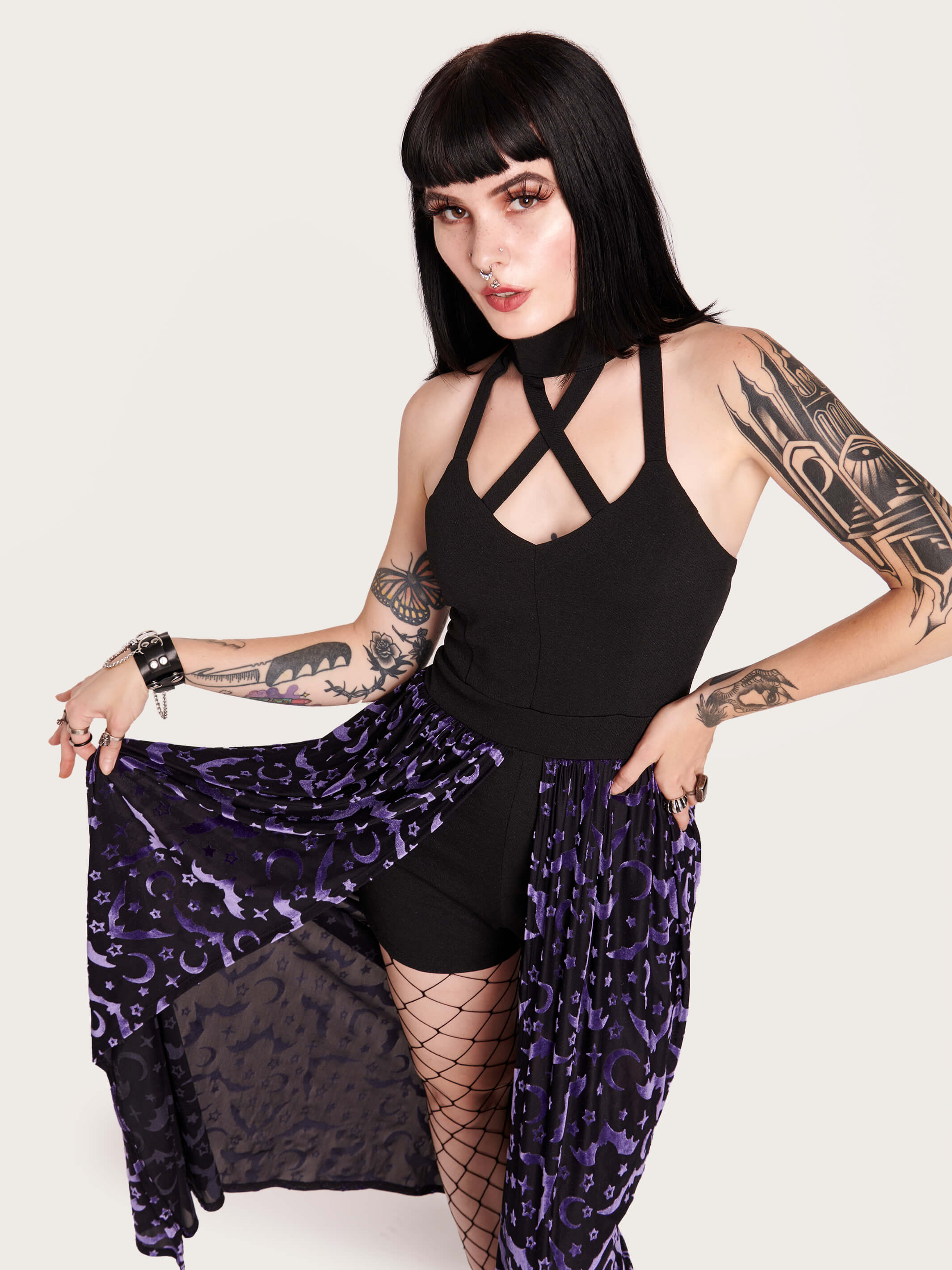 Boho goth vibes! Enchant them all in this velvet burnout onesie dress. Goth girl, bats, fishnet, nu goth, goth aesthetic, dark alt fahsion, dark fashion aesthetic.