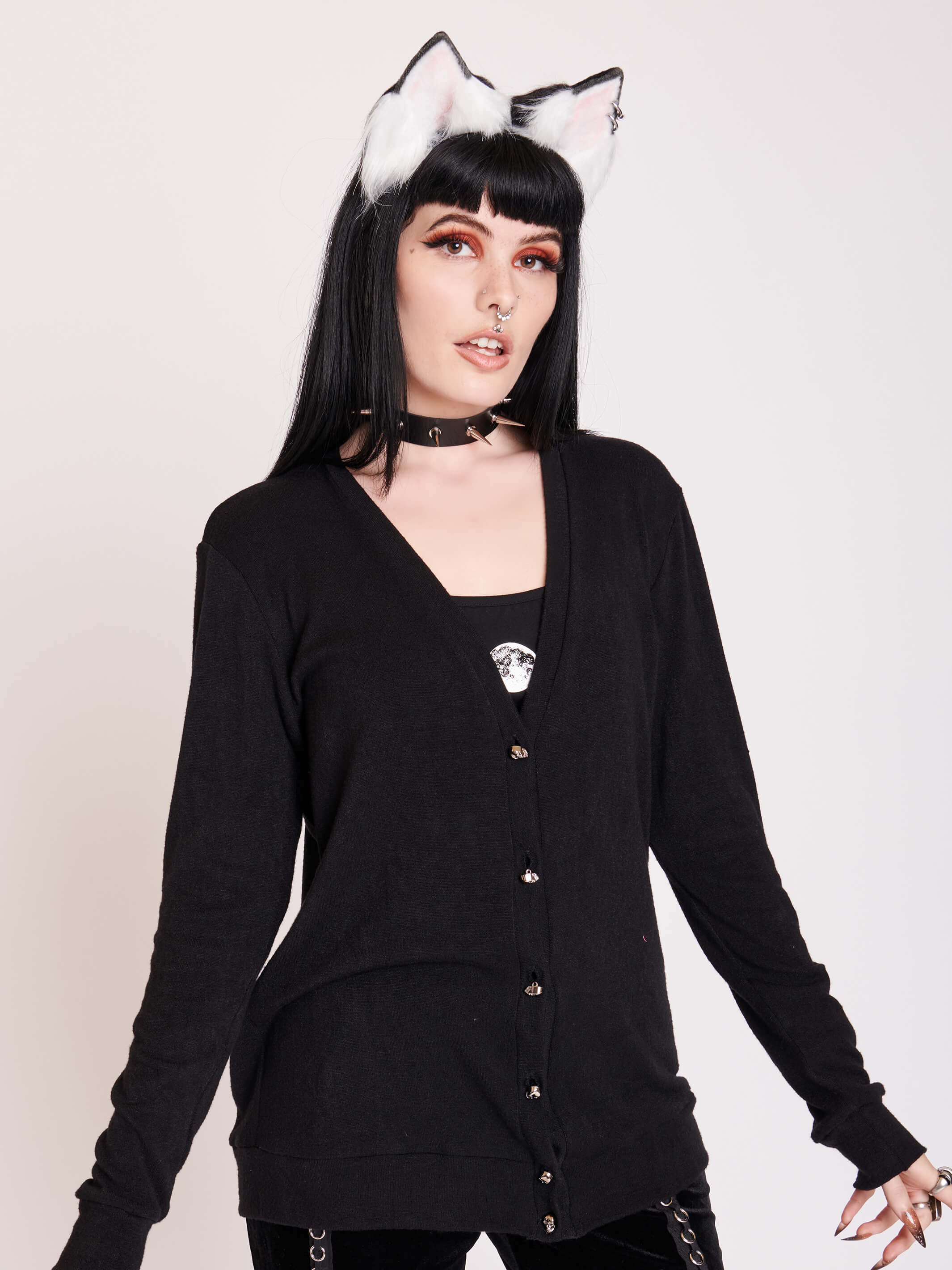 Black Cardigan with skull buttons and center back fringe detail