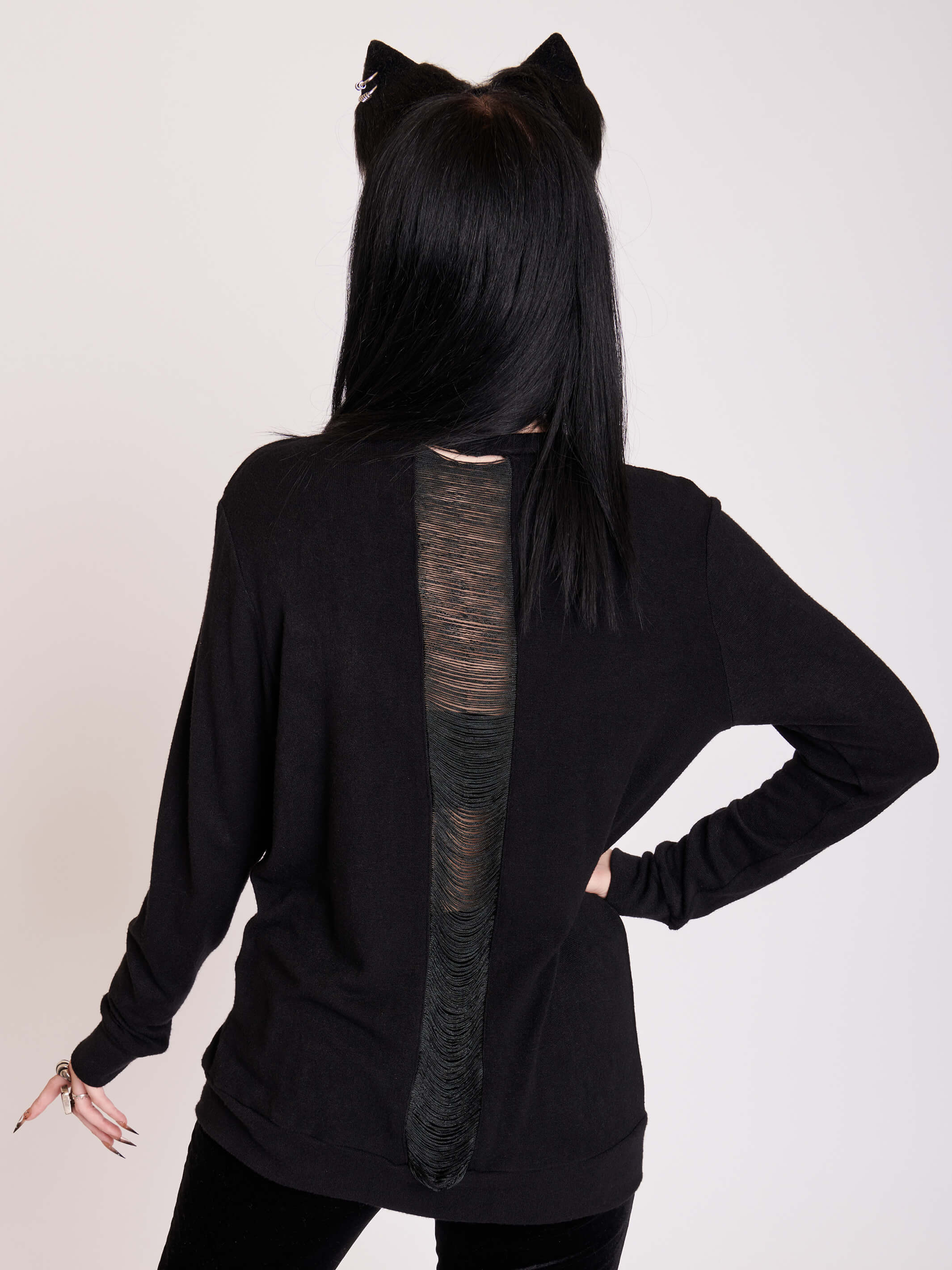 Black Cardigan with skull buttons and center back fringe detail