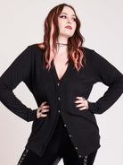 Black Cardigan with skull buttons and center back fringe detail